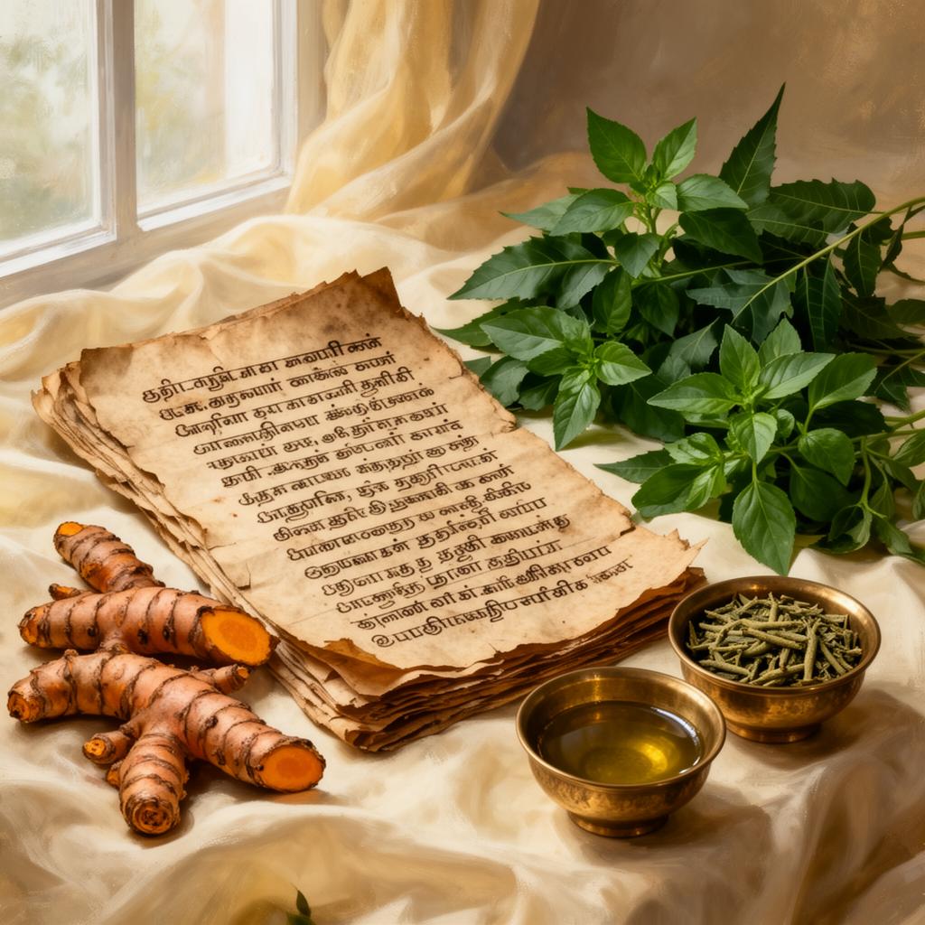 பாரம்பரிய ஆயுர்வேத ஓலைச்சுவடி மற்றும் மூலிகைகள்